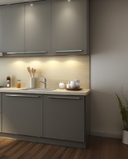 Contemporary kitchen with matte gray cabinets, under-cabinet lighting, sleek hardware, and a compact modern remodel design.